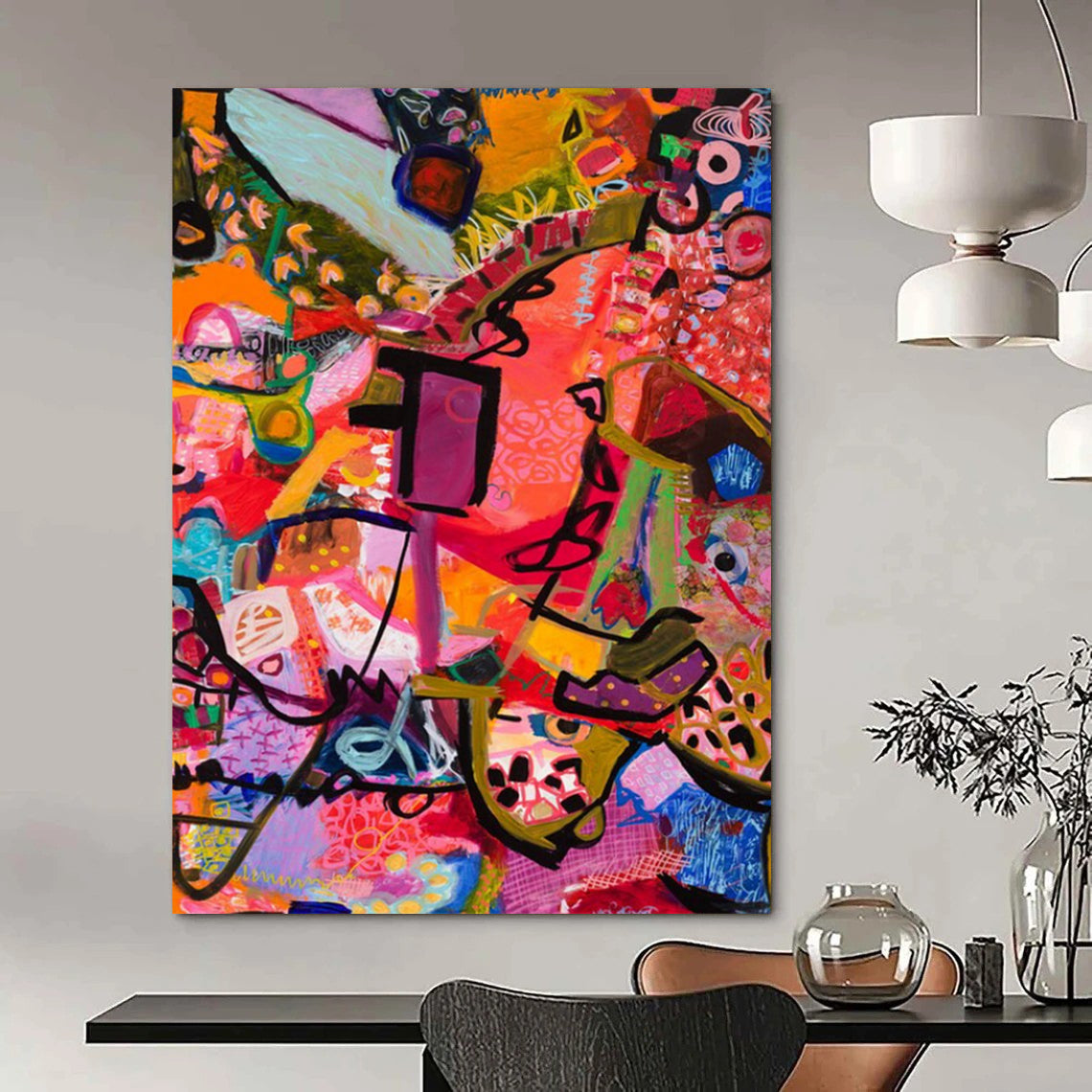 “Vibrant Abstract Mosaic” - Pink, Purple, Orange Dynamic Forms Painting On Canvas DTP292