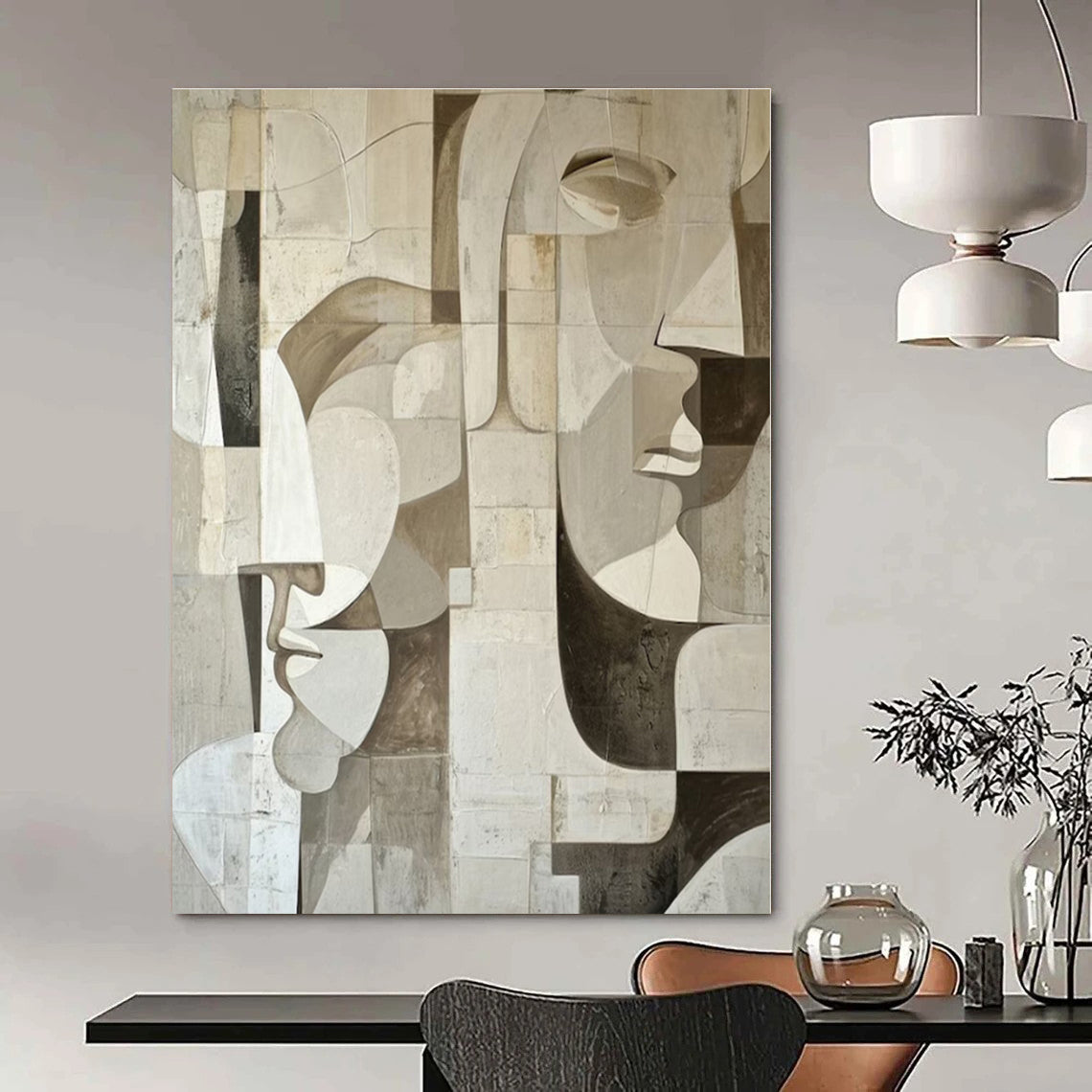 Monochrome Geometric Faces - Cubist - inspired Acrylic Painting CT1388