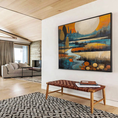 “Stylized Moonlit River” Cubist Landscape Painting On Canvas DLZ086