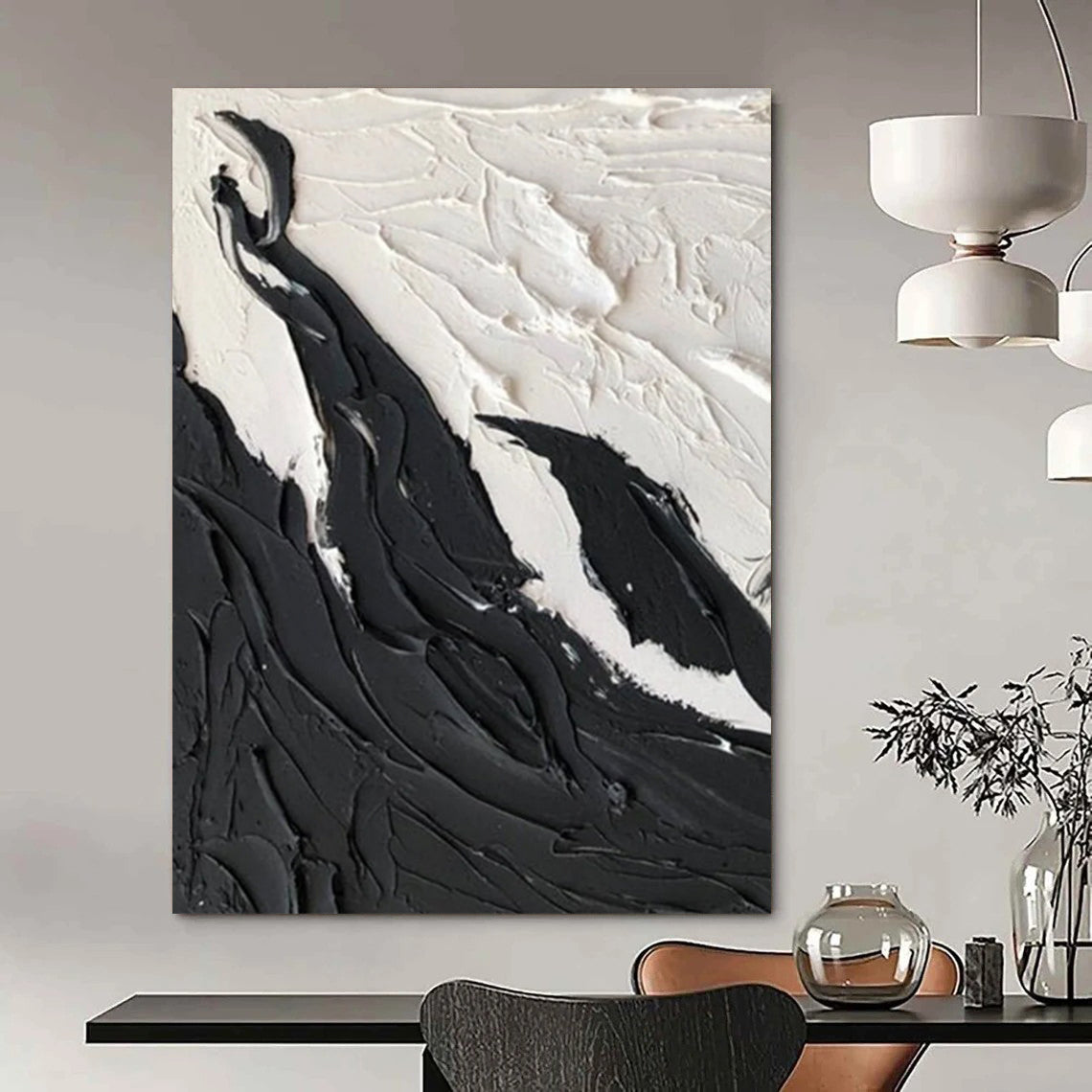 “Black, White Textured Peaks ‘Mountain Serenity’” - Abstract Impasto Painting On Canvas DTP395