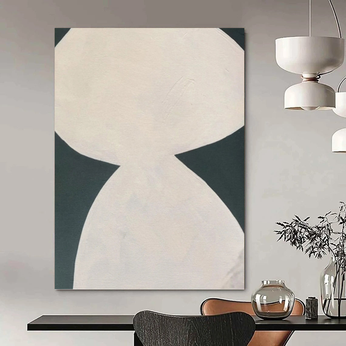 “White Hourglass - like Shape on Dark Background” - Minimalist Abstract Painting On Canvas DKH1081