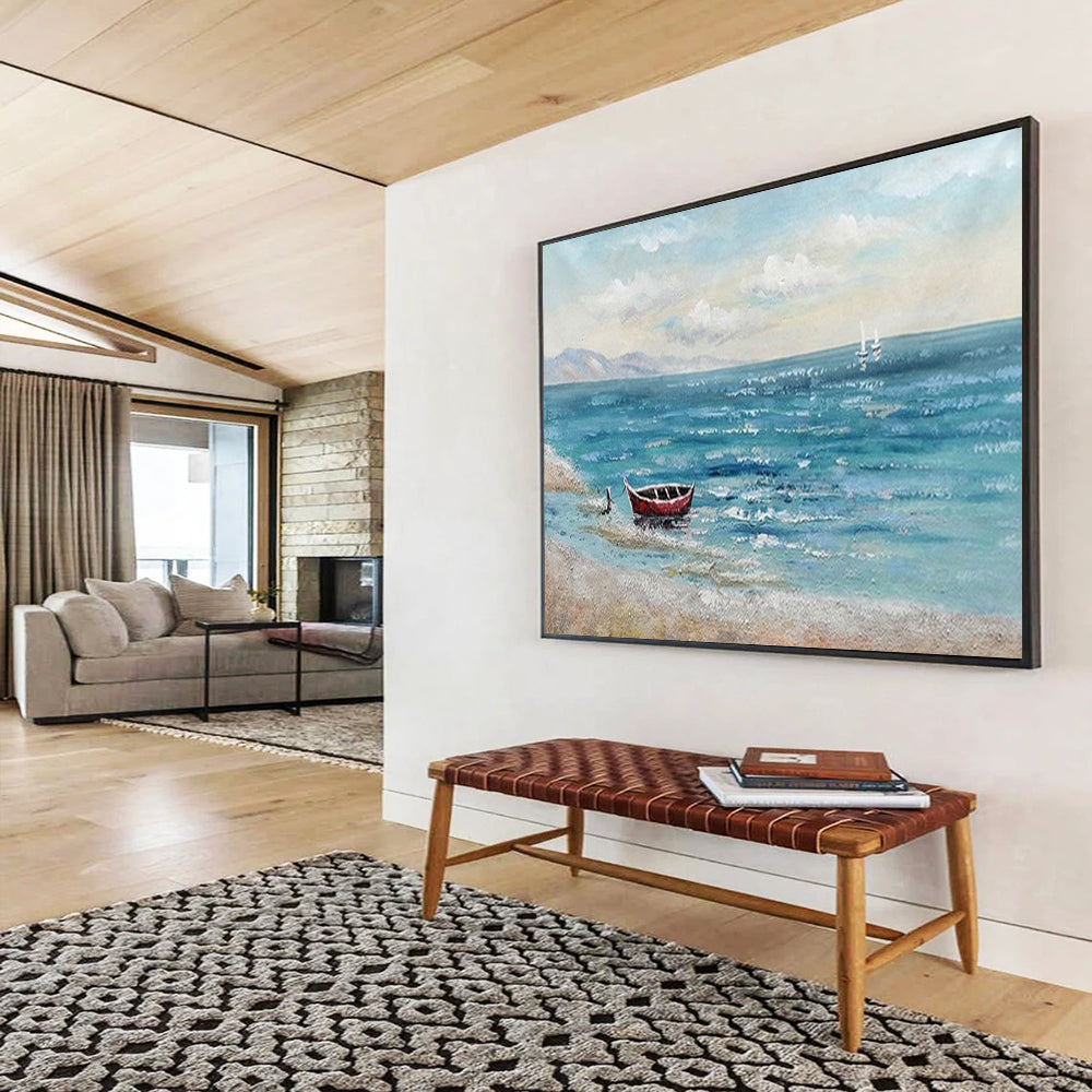 Blue Sea and Red Boat - Impressionist Seascape Painting On Canvas DLZ224