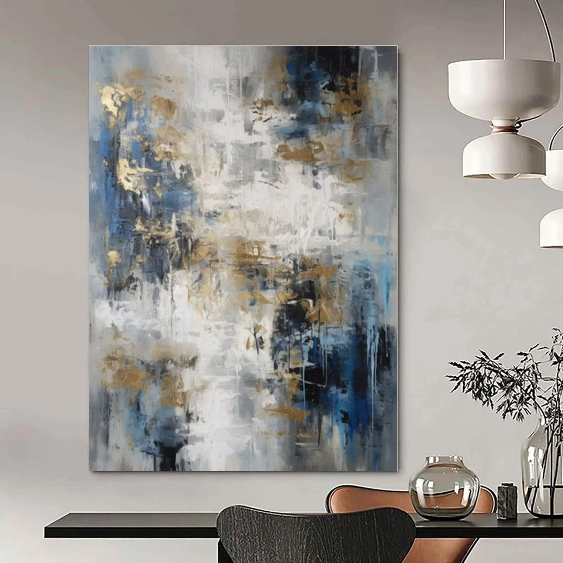 Blue, Grey & Gold Abstract - Abstract Expressionist Acrylic On Canvas CT1303