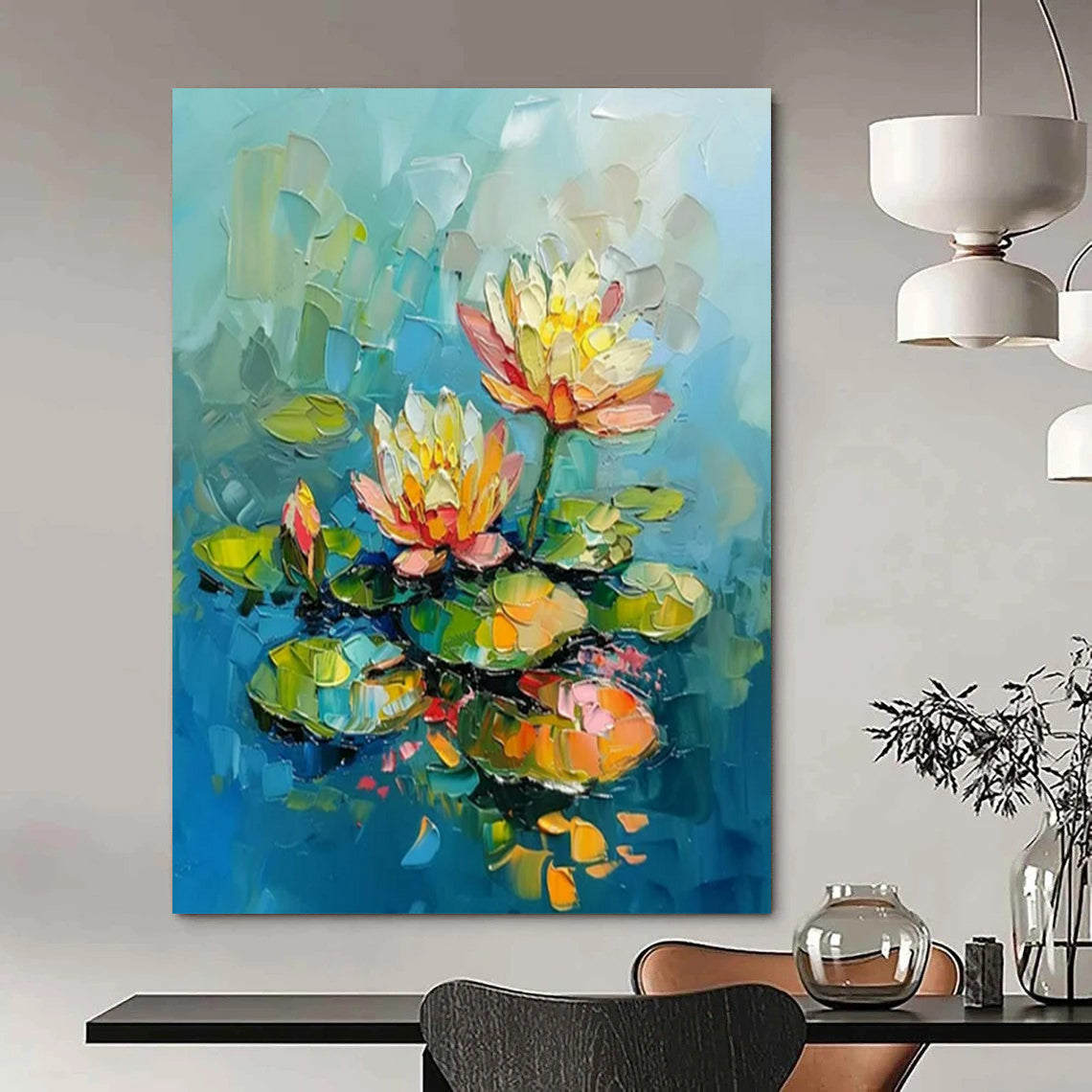 “Water Lilies” - Colorful Impasto Floral Painting On Canvas CT2240