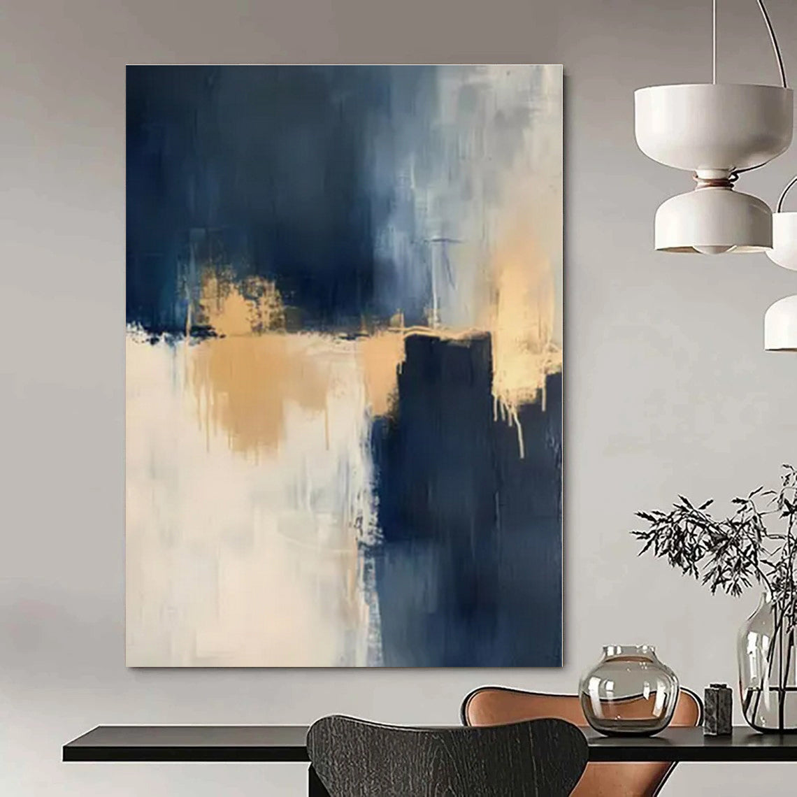 Navy, Gold & White Drips - Abstract Expressionist Acrylic On Canvas CT1309