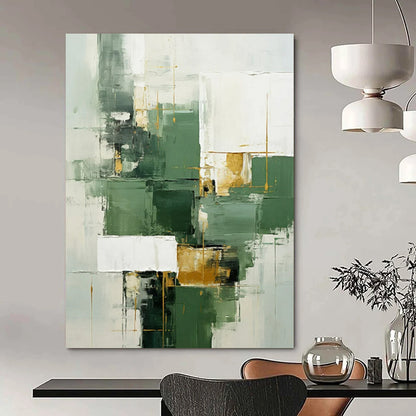 Green, White & Gold Geometric Abstract - Geometric Abstract Painting On Canvas CT2290