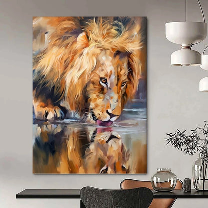 “Lion Drinking at Waterhole” - Realistic Wildlife Oil Painting On Canvas DKH1647