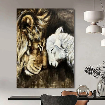 Lion and Lamb in Harmony - Wildlife Painting On Canvas DKH1452