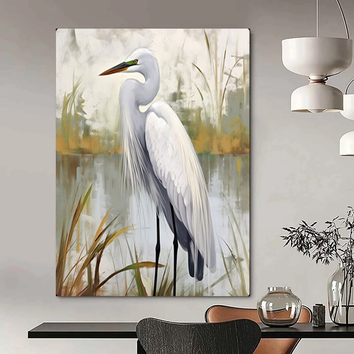 “Serene White Egret in Wetlands” – Realistic Bird Oil Painting On Canvas CT2127