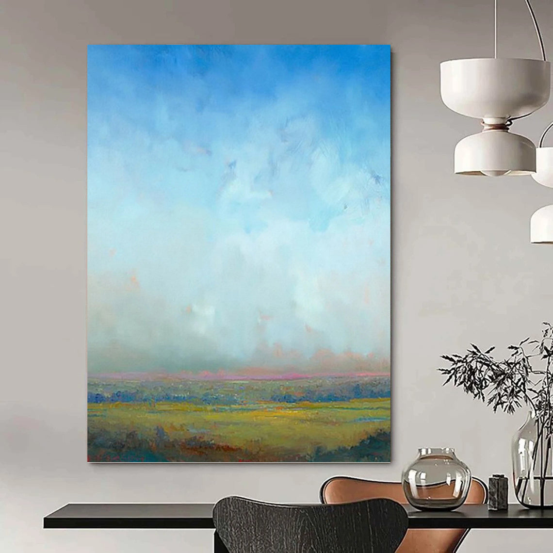“Soft Sky and Golden Fields” - Blue, Green & Yellow Landscape Painting On Canvas DKH0935