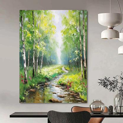 Sunlit Forest Stream - Landscape Oil Painting On Canvas DKH1266