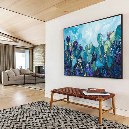 “Blue Cactus Field” - Vibrant Desert Painting On Canvas DKH827