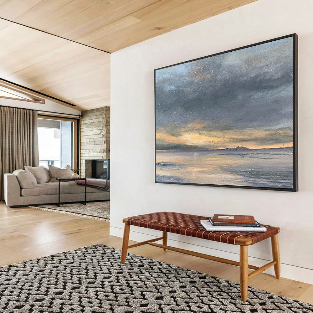 “Gray, Orange, Sunset Shore ‘Golden Dusk’” - Impressionist Seascape Painting On Canvas DLZ023