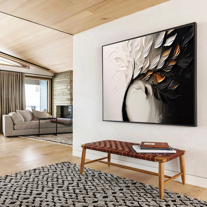 “Textured White & Gold Foliage” - White, Black, Gold 3D Floral Painting On Canvas DKH748