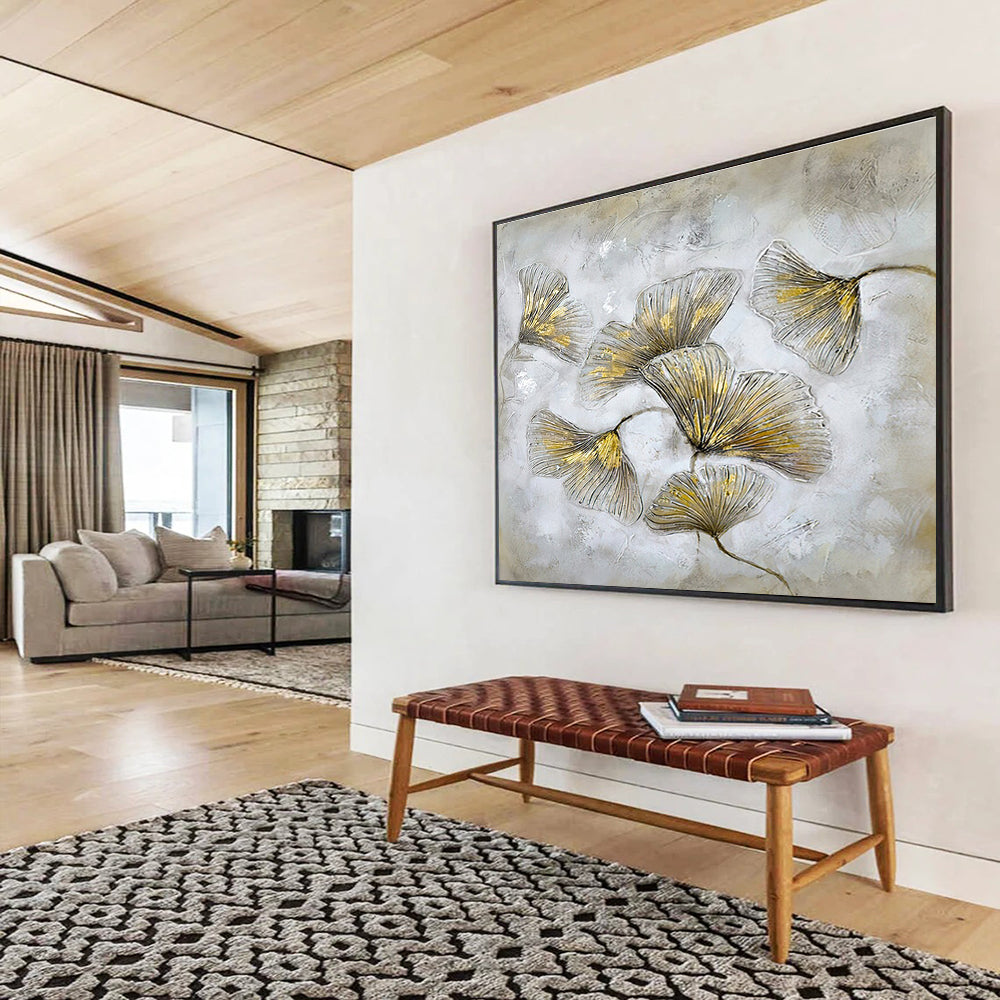 “Gilded Ginkgo Leaves” - Textured Botanical Painting On Canvas DKH790