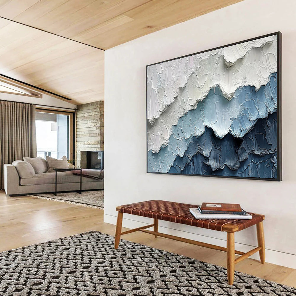 3D Textured Mountain Ranges - Blue and White Impasto Layers Painting On Canvas DKH049