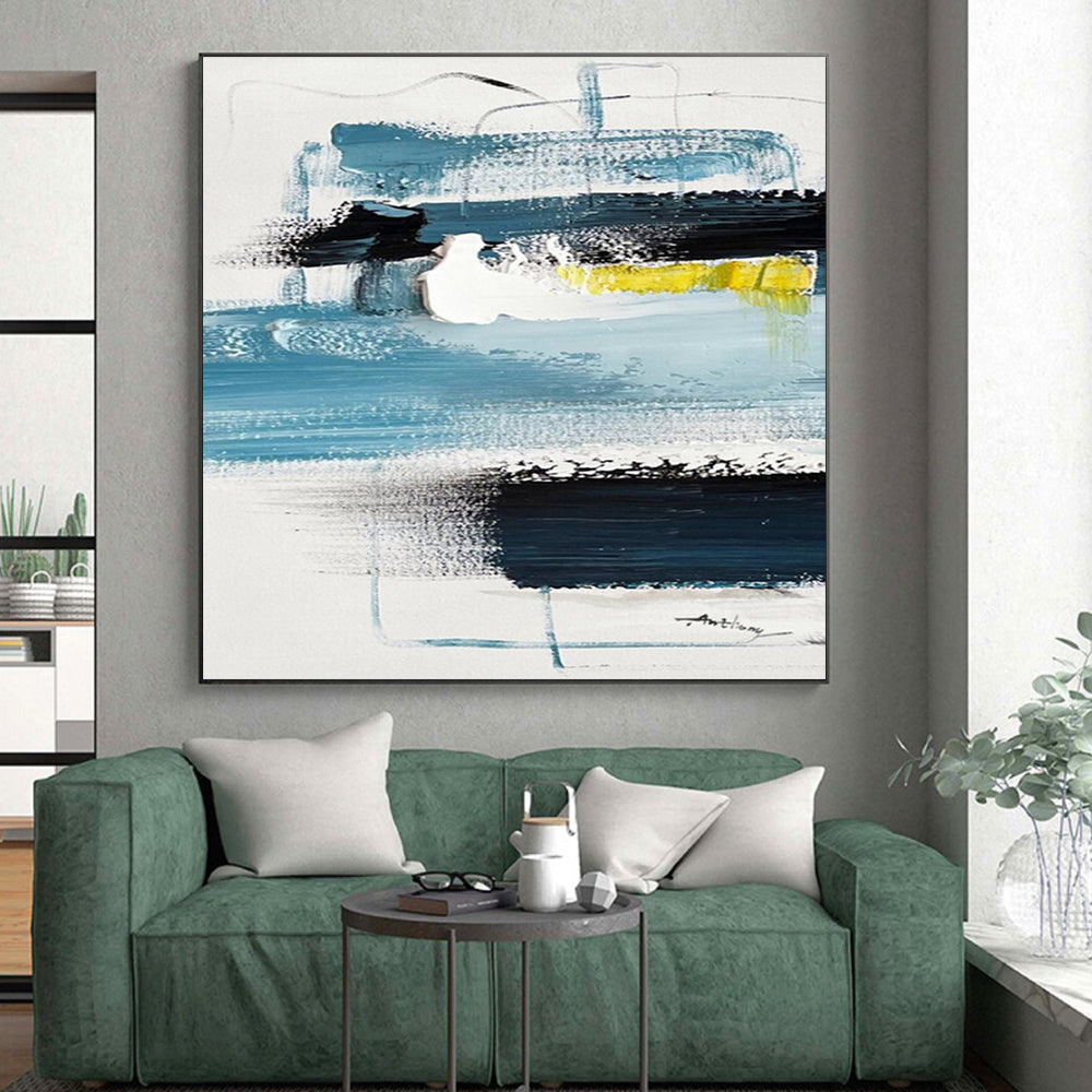 Blue, Black, White & Yellow Abstract Layers, “Coastal Rhythm” - Impasto Abstract Painting CT0778