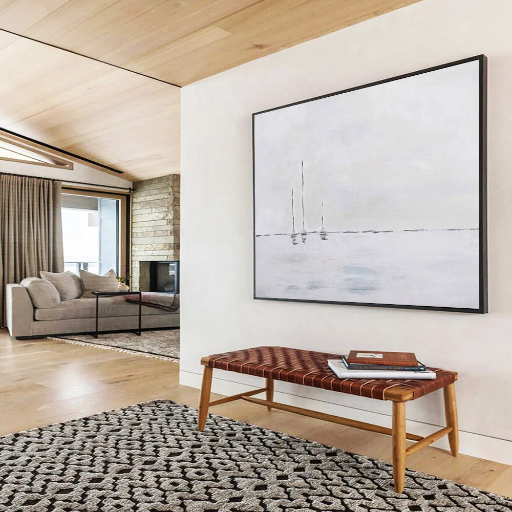“Minimalist Sailboats in White” - White & Gray Maritime Minimalist Painting On Canvas DLZ261