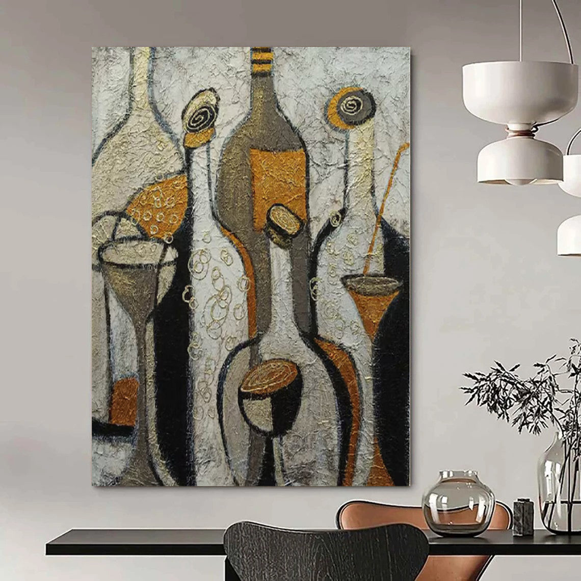 “Textured Bottles and Glasses” – Cubist Still Life Painting CT1193
