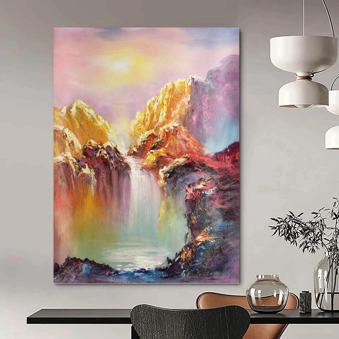 Rainbow Waterfall in Vivid Colors - Fantasy Landscape Painting On Canvas DKH1279