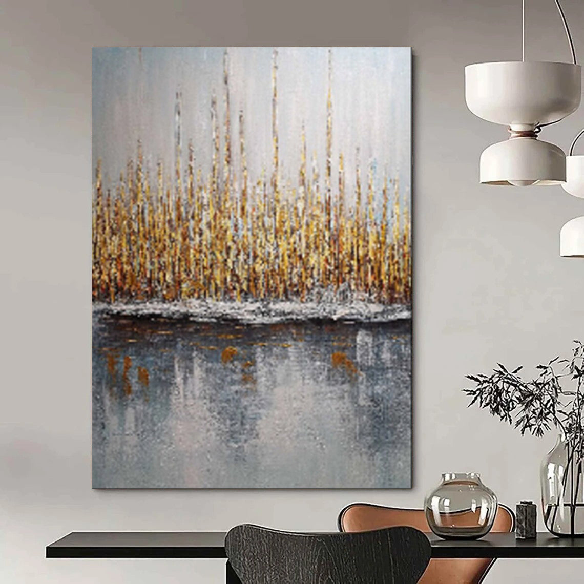 “Golden Reeds by Gray Water” – Landscape Oil Painting On Canvas CT2103
