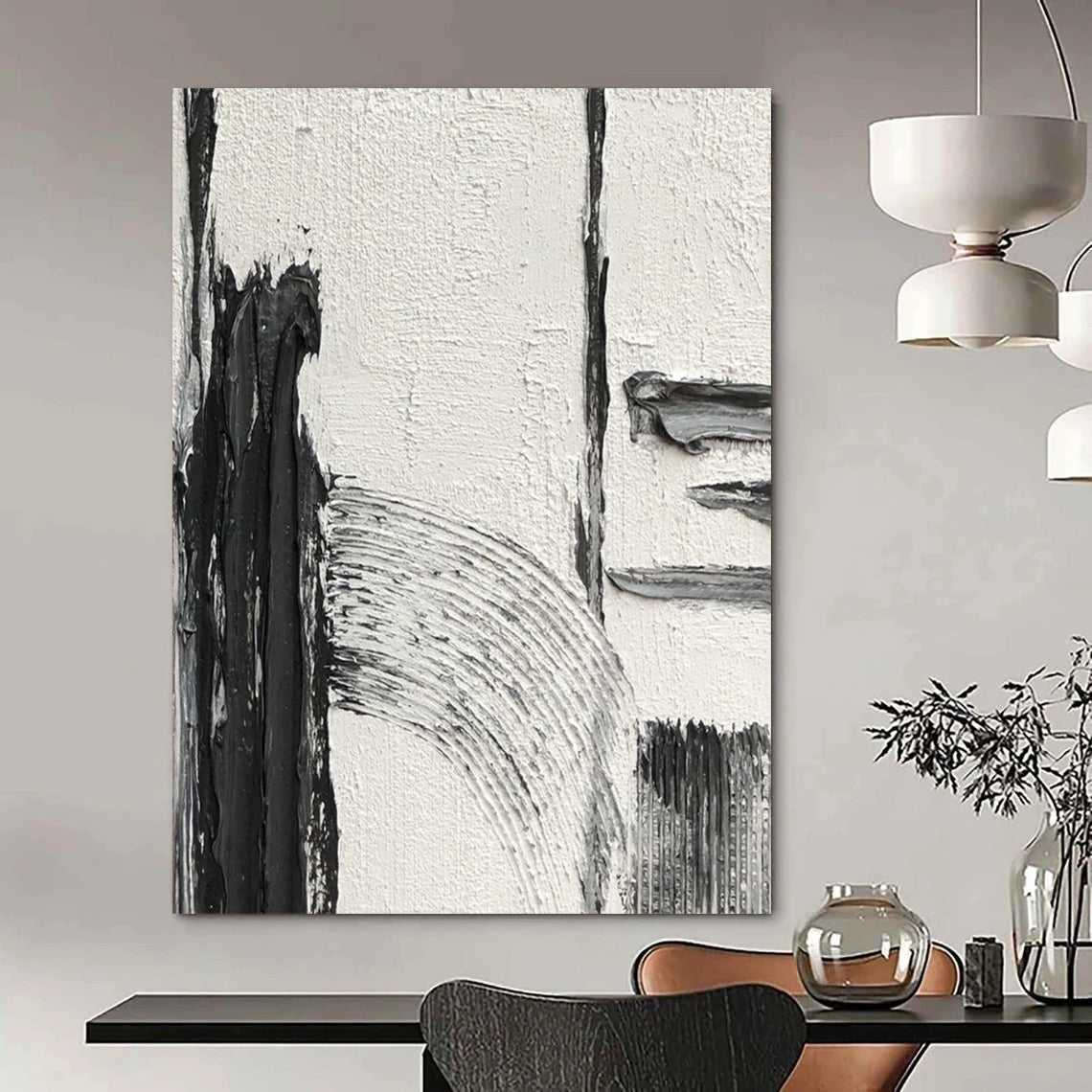 “White, Black Textured Shapes ‘Quiet Contrast’” - Impasto Abstract Painting On Canvas DTP386