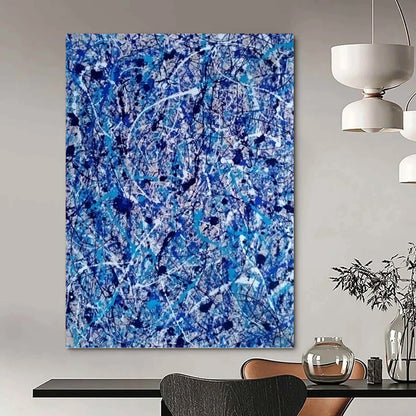“Chaotic Blue Web” - Blue, White, and Black Abstract Drip Painting On Canvas DKH1560