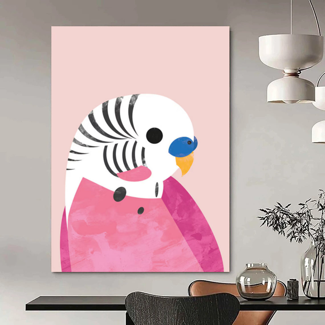 “Pink - Themed Parakeet” - Pink, White, Blue, Yellow Illustration - Style Painting On Canvas DTP227