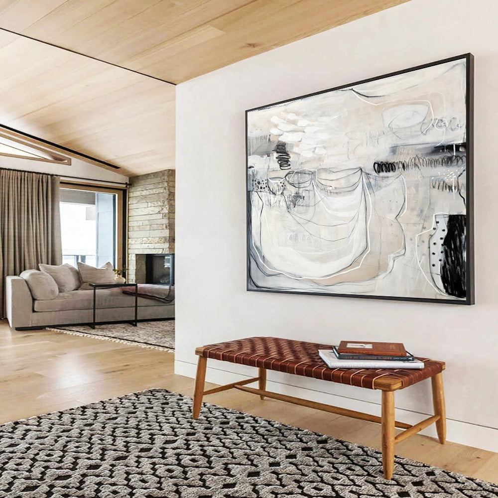 Monochrome Abstract with Linear Details “Ethereal Monochrome” Painting On Canvas DKH074