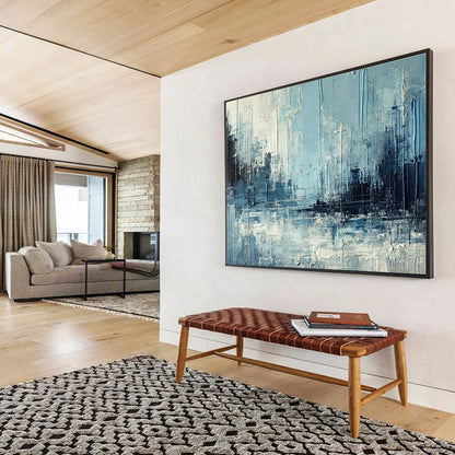 “Blue & Gray Textured Cityscape” Impasto Abstract Painting On Canvas DKH367