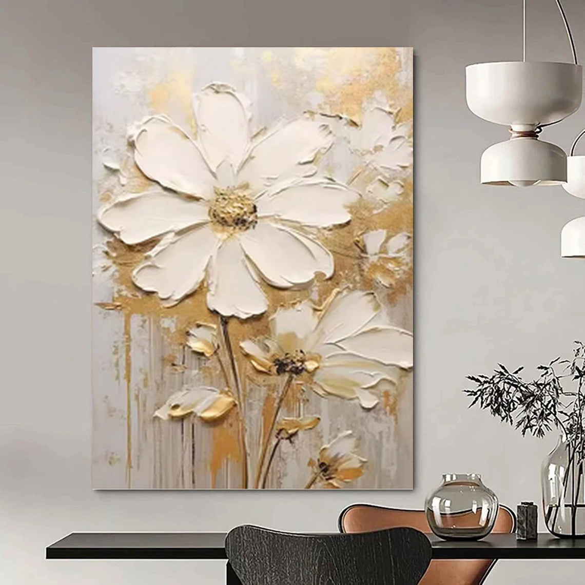 White and Gold Floral Simplicity - Impasto Flower Painting On Canvas DKH1395
