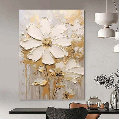 White and Gold Floral Simplicity - Impasto Flower Painting On Canvas DKH1395