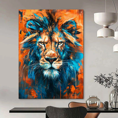 “Vibrant Lion Portrait” - Blue, Orange Dynamic Animal Painting On Canvas CT2212