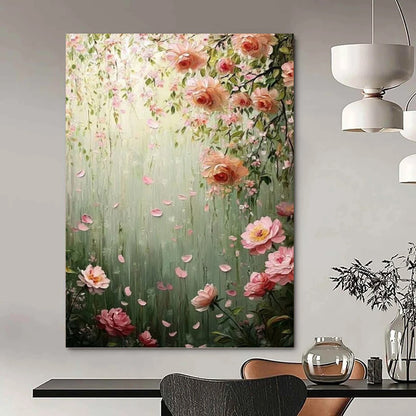 “Blush Blossoms” - Green, Pink & White Floral Waterfall Painting On Canvas DKH1553