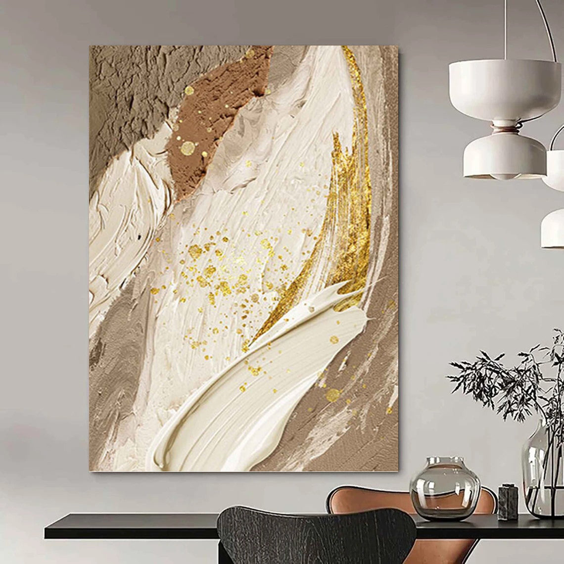 Elegant Beige, White, and Gold Abstract - Abstract Painting On Canvas DKH1477