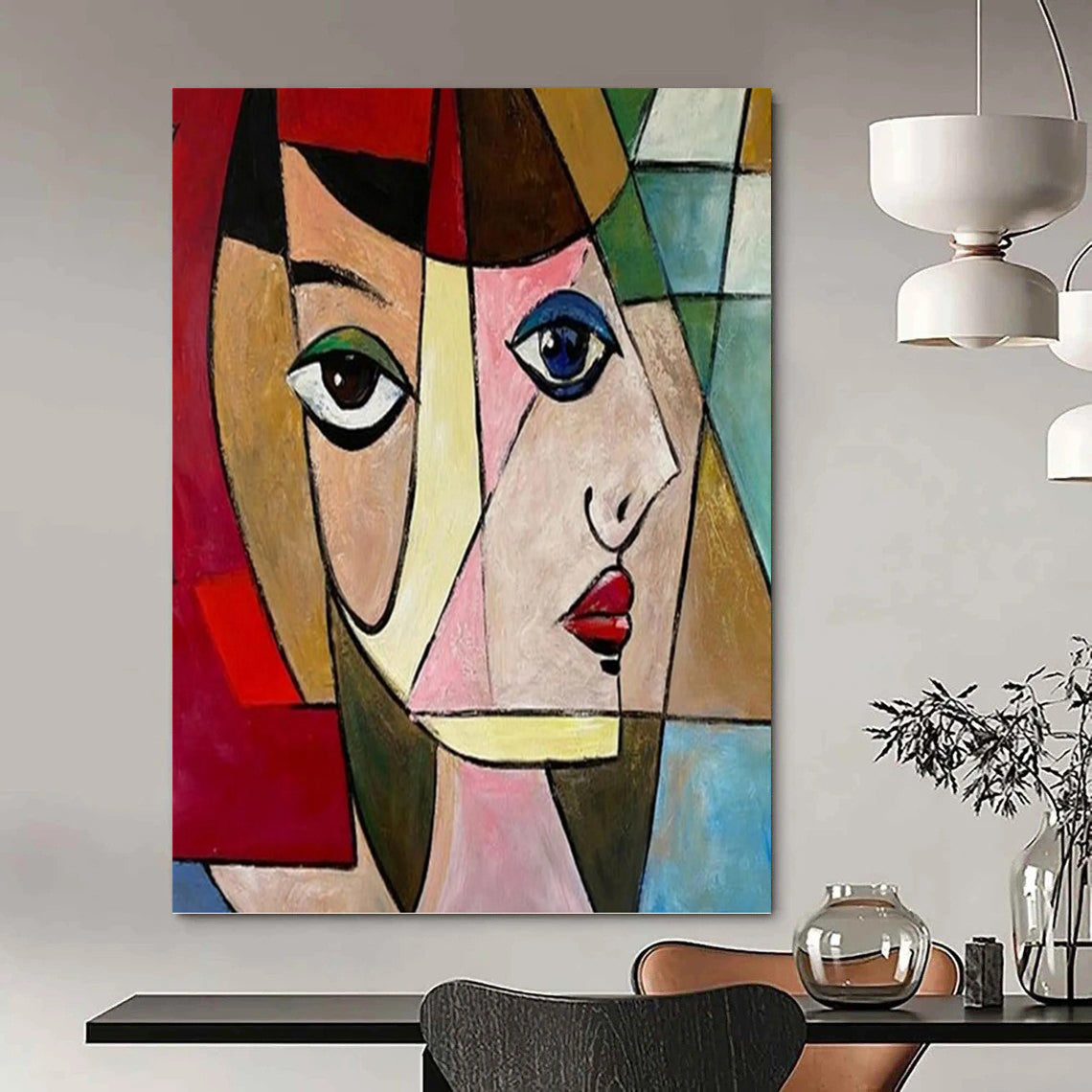 Cubist Woman in Colorful Geometries - Portrait Painting On Canvas DKH1407