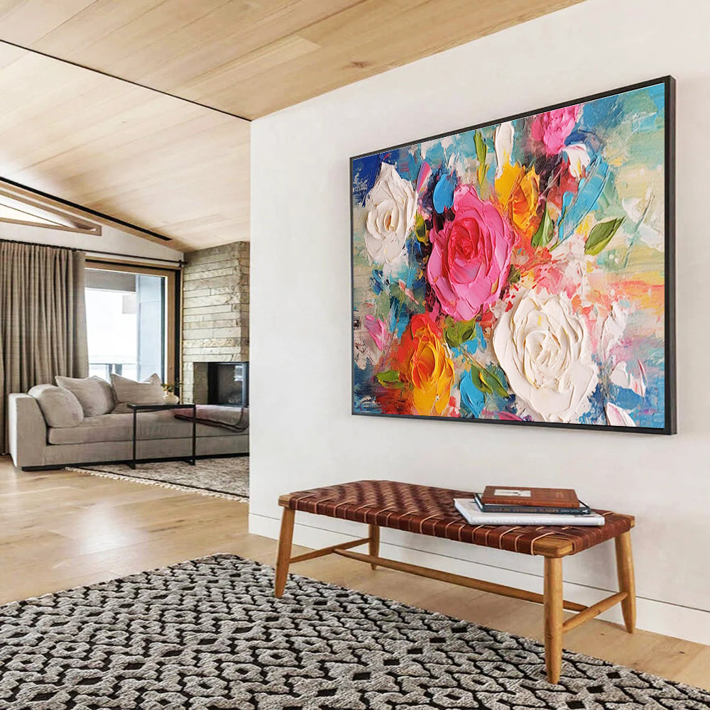 Textured Flower Bouquet - Pink, White, Yellow & Blue Floral Painting On Canvas DKH884