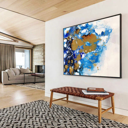 “Blue, Gold, and White Fluid Abstract” Painting On Canvas DKH167