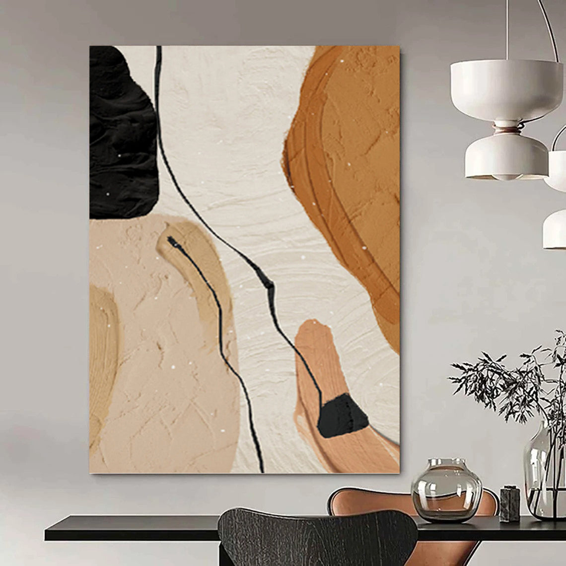 “Organic Flow” - Beige, Brown & Black Abstract Forms Painting On Canvas DKH1513