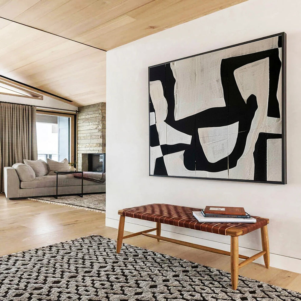 “Black & White Collage Abstraction” - Black, White Minimalist Collage Painting On Canvas DKH745