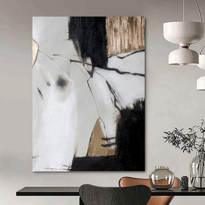 “Black, White & Gold Abstract Lines” - Black, White & Gold Minimalist Painting On Canvas DKH1005