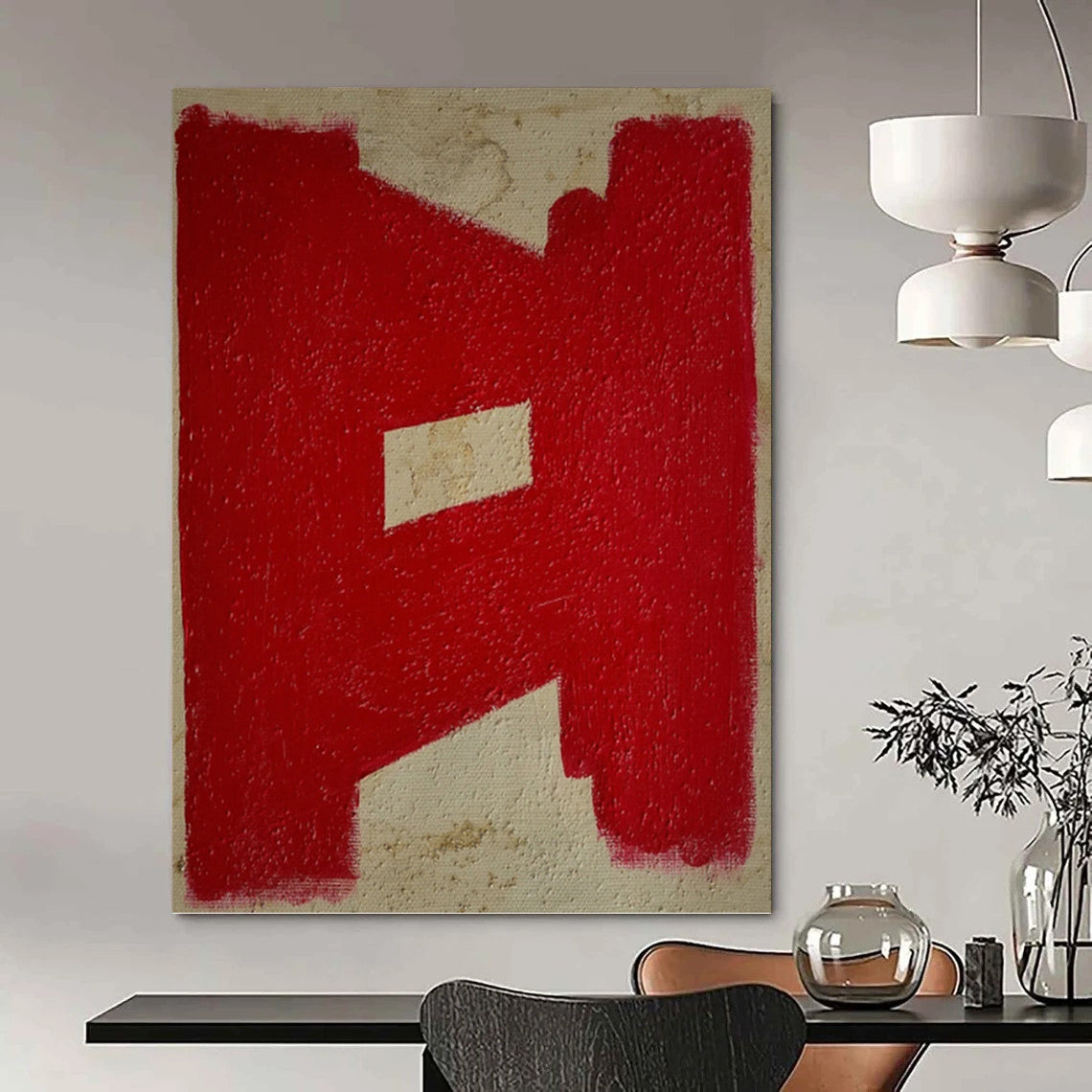 “Red Geometric Shape on Beige” - Minimalist Abstract Painting On Canvas DKH1076