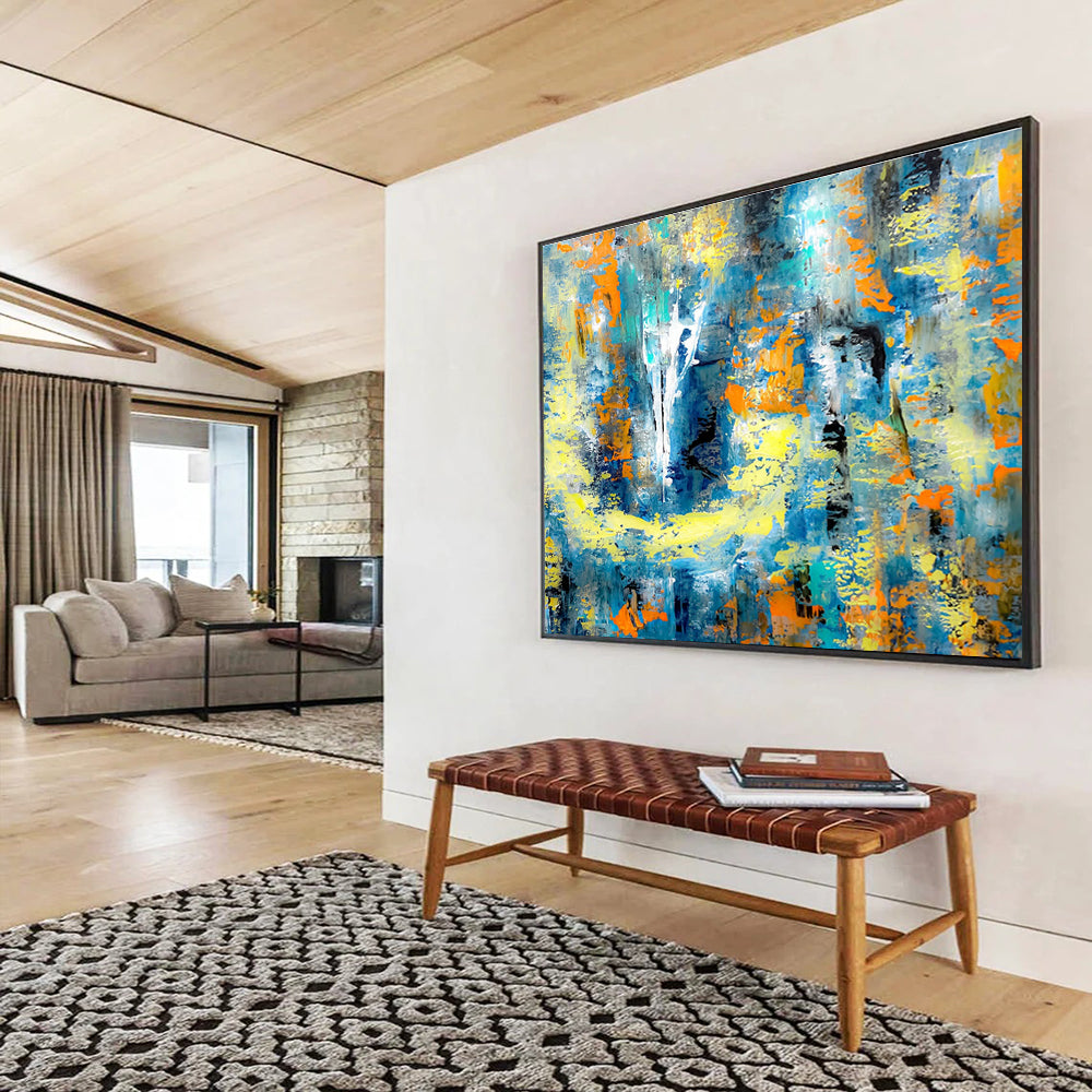 “Azure & Amber Abstract Odyssey” - Blue, Yellow & Orange Abstract Expressionist Painting On Canvas DKH924