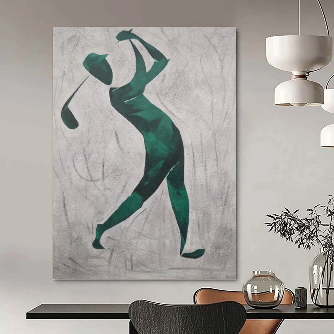 “Golfer in Green” - Green and Gray Abstract Golfer Silhouette Painting On Canvas DKH1561