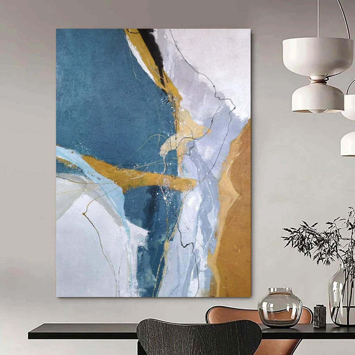 “Blue, Gold & White Linear Abstract” - Abstract Painting On Canvas CT2332