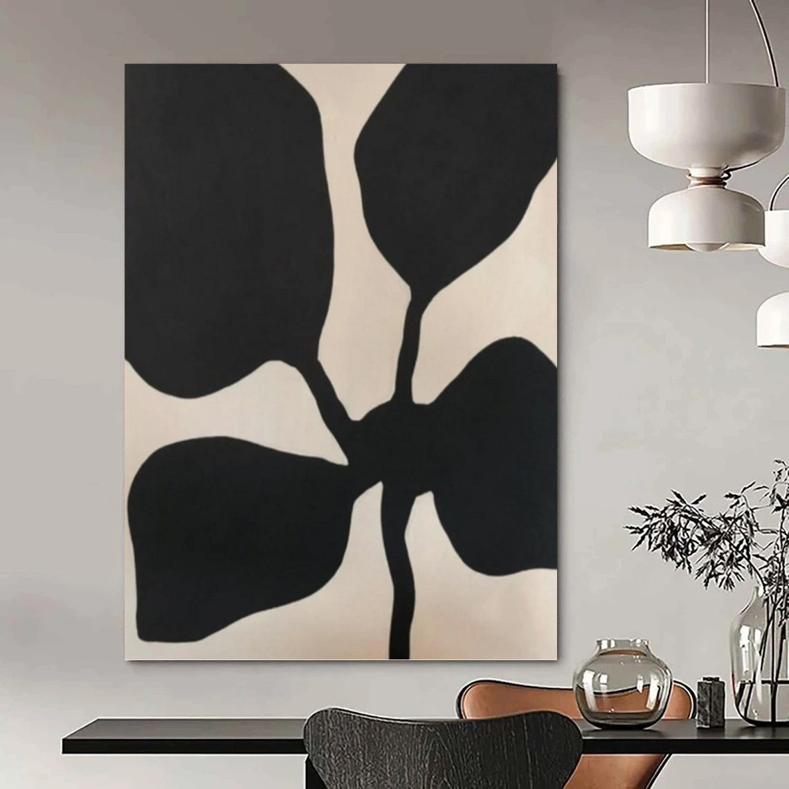 “Black Flower - like Forms on Light Background” - Minimalist Abstract Painting On Canvas DKH1077