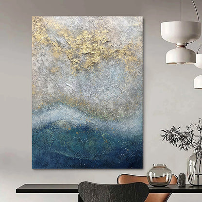 “Textured Gray - Gold Abstraction” - Gray, Gold & Blue Impasto Painting On Canvas DKH0958