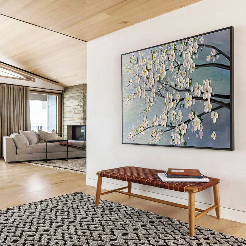 White Blossom Tree - White, Pink & Blue Floral Painting On Canvas DKH887