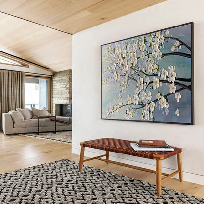 White Blossom Tree - White, Pink & Blue Floral Painting On Canvas DKH887
