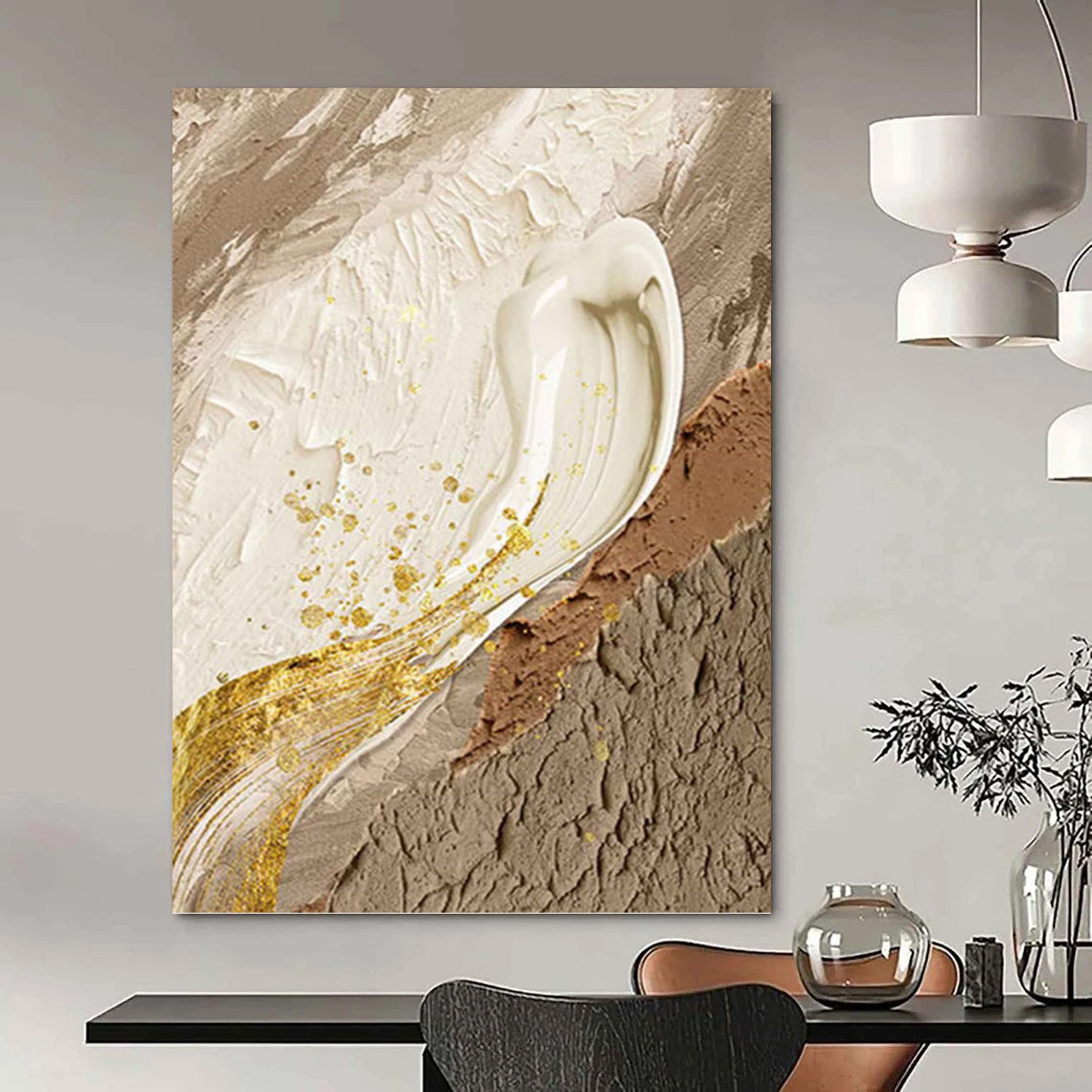 Elegant Beige, White, and Gold Abstract - Abstract Painting On Canvas DKH1487
